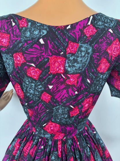 XS/S | 1950s Silk Swing Dress With Abstract Print