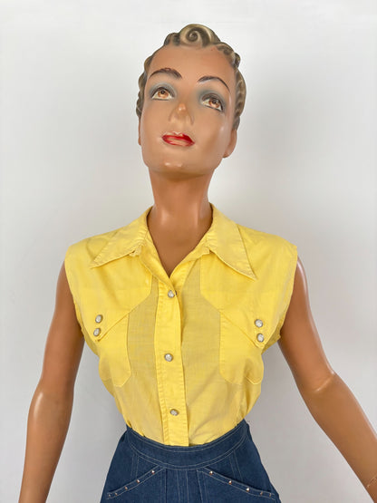 S | 1960s/70s Ranch Queen Yellow Western Blouse