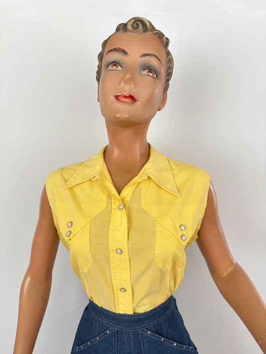 S | 1960s/70s Ranch Queen Yellow Western Blouse