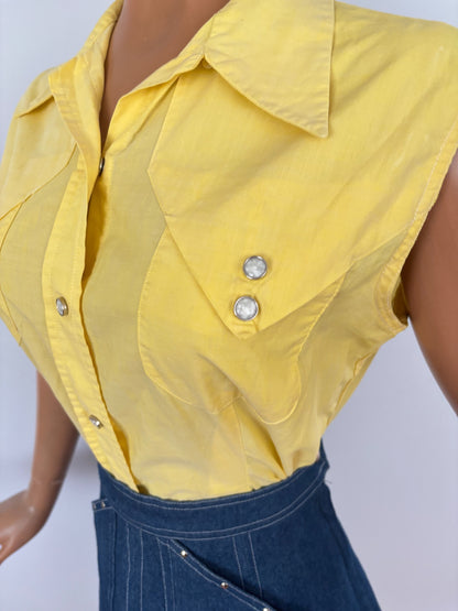 S | 1960s/70s Ranch Queen Yellow Western Blouse