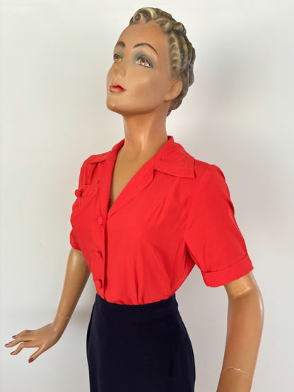 M | 1940s/50s Style Red Rayon Blouse