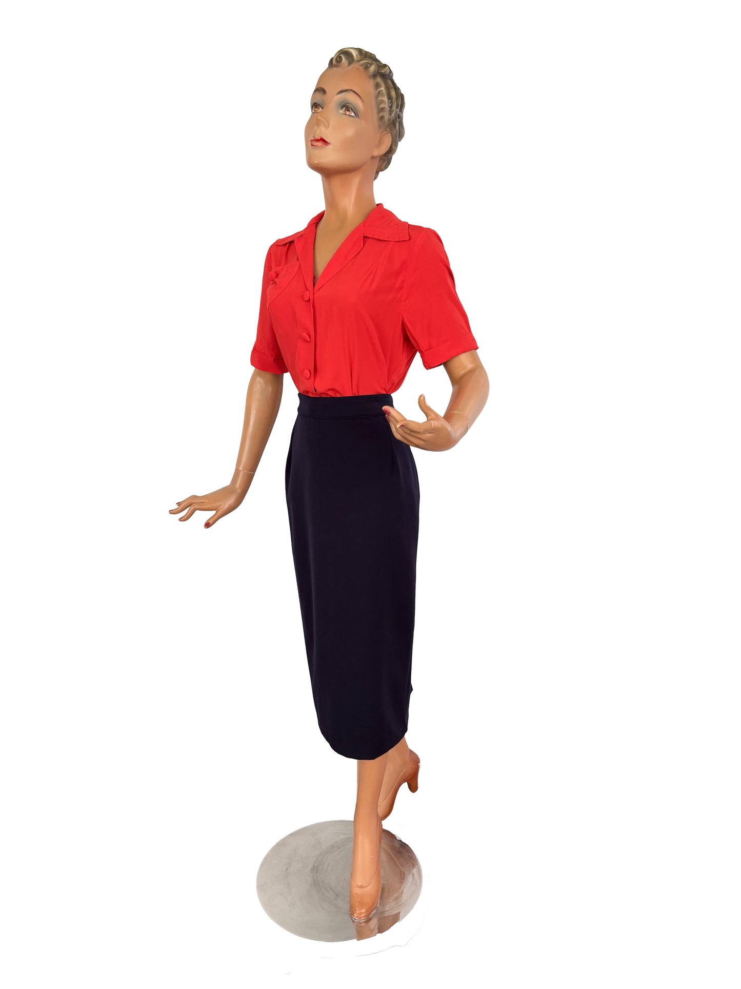 M | 1940s/50s Style Red Rayon Blouse