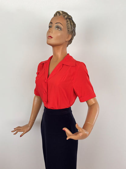 M | 1940s/50s Style Red Rayon Blouse