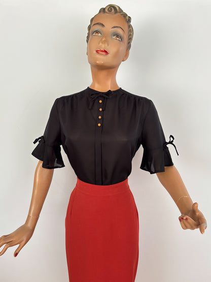 M | 1960s/70s Black Tricel Blouse with Bow Sleeves