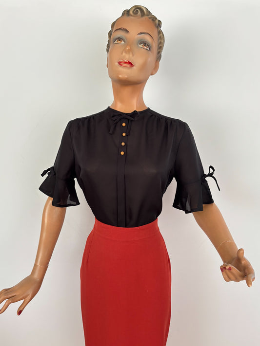 M | 1960s/70s Black Tricel Blouse with Bow Sleeves