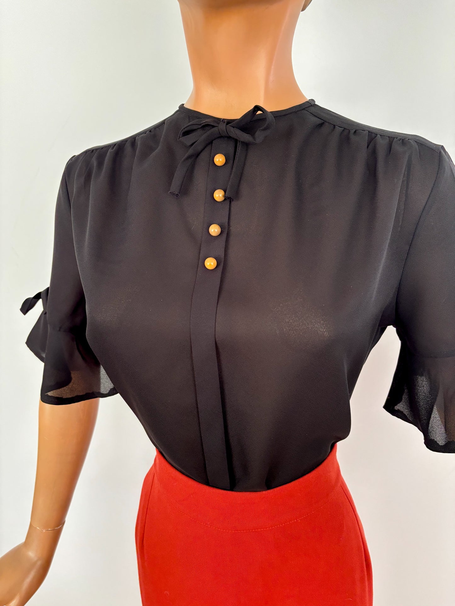 M | 1960s/70s Black Tricel Blouse with Bow Sleeves