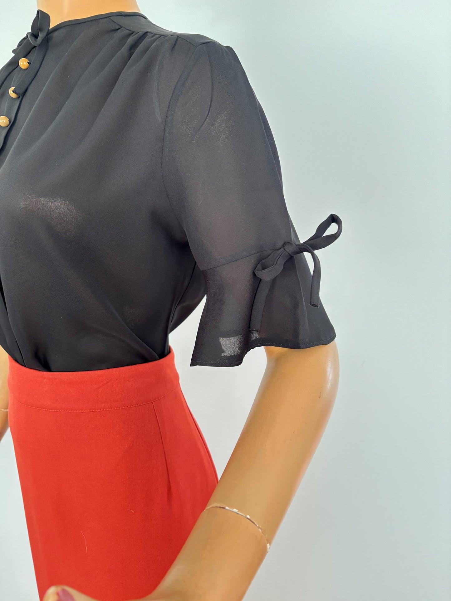 M | 1960s/70s Black Tricel Blouse with Bow Sleeves