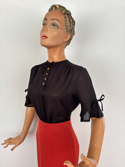 M | 1960s/70s Black Tricel Blouse with Bow Sleeves