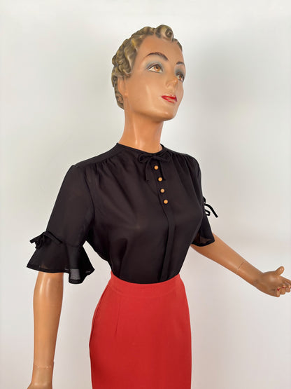 M | 1960s/70s Black Tricel Blouse with Bow Sleeves