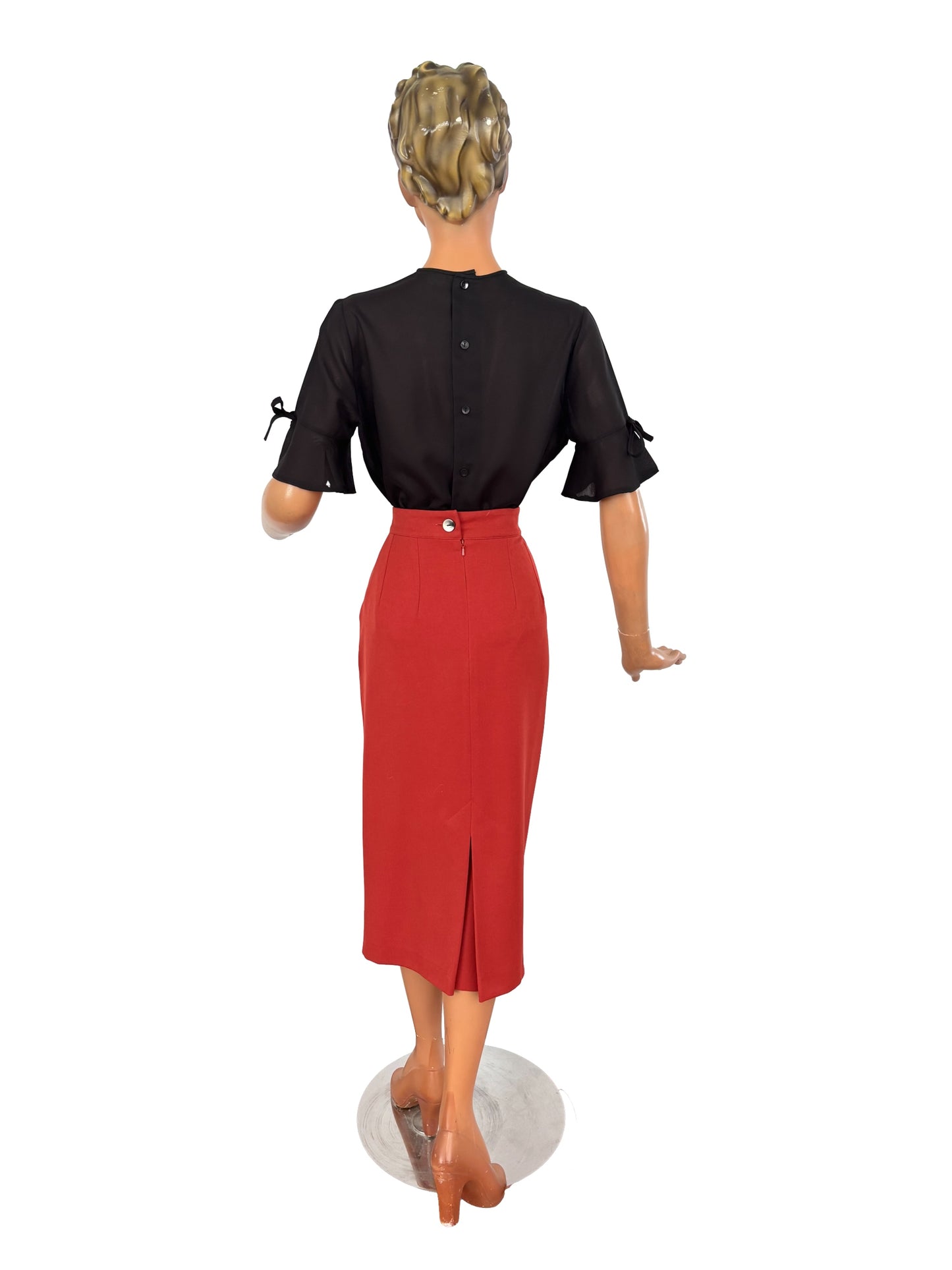 M | 1960s/70s Black Tricel Blouse with Bow Sleeves