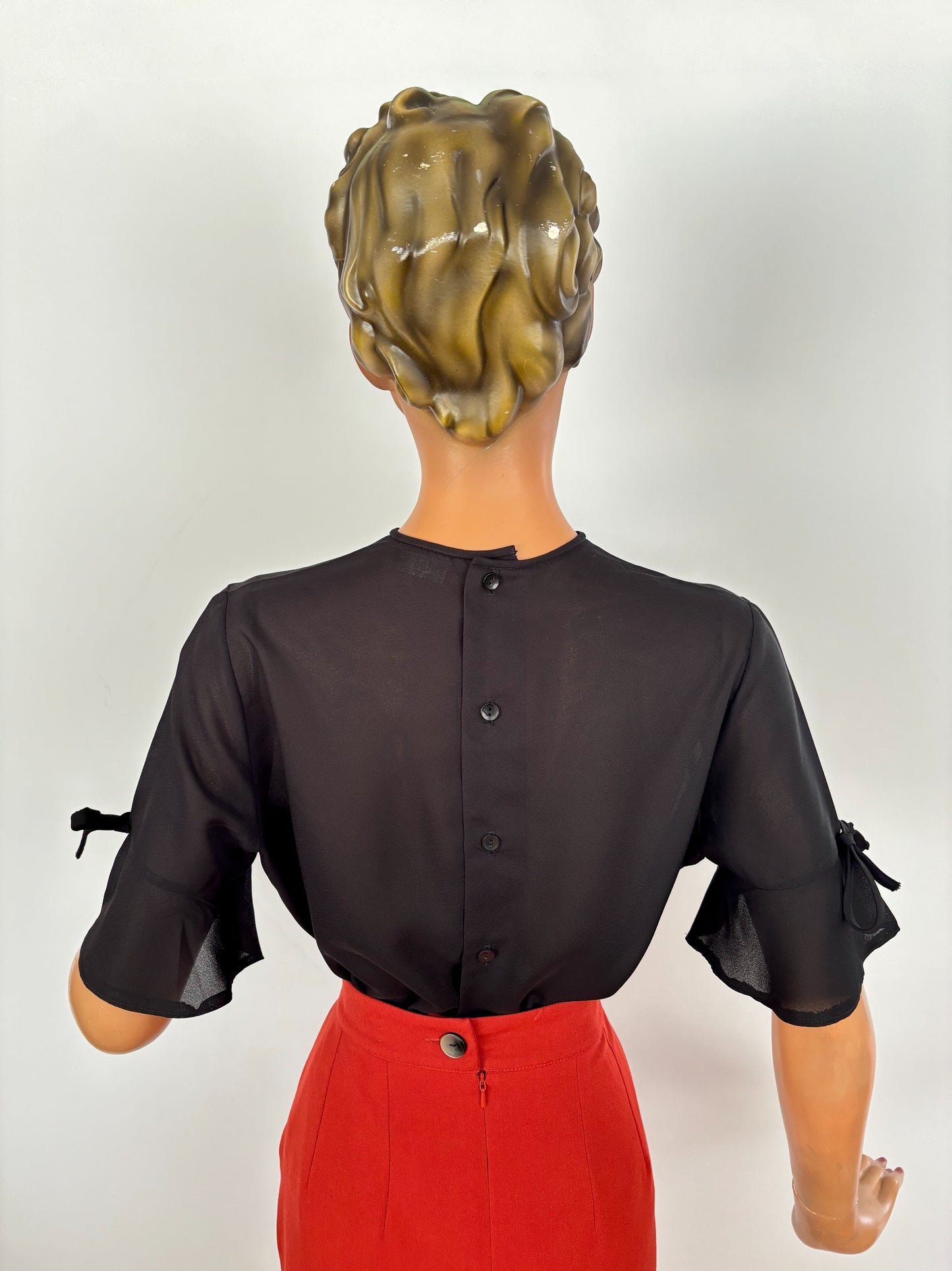 M | 1960s/70s Black Tricel Blouse with Bow Sleeves