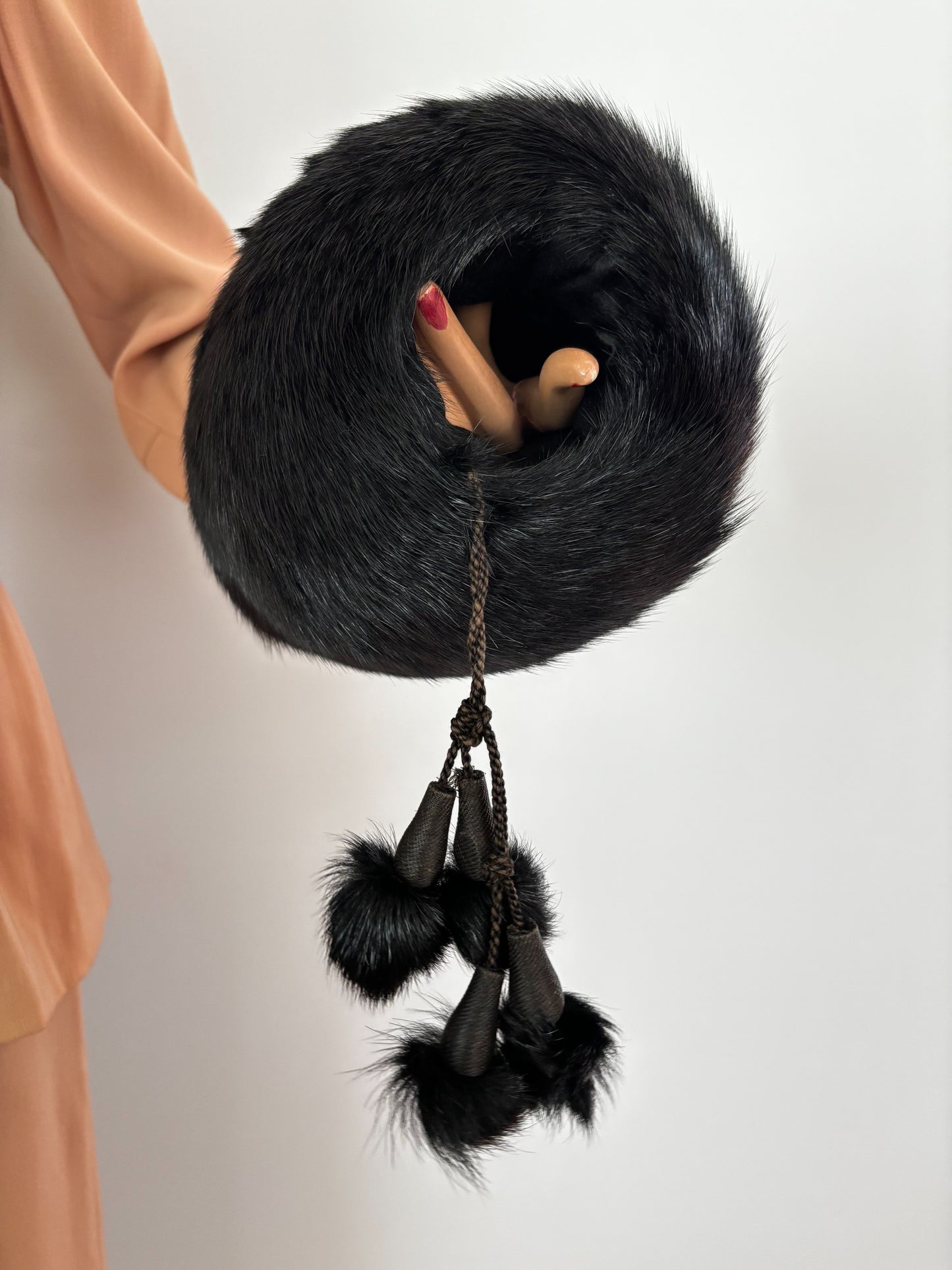 1940s Black Mink Fur Muff With Pompons