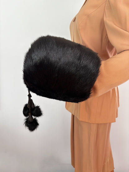 1940s Black Mink Fur Muff With Pompons