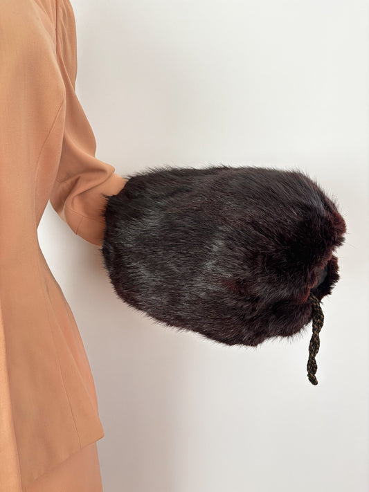 1940s/1950s Dark Brown Mink Fur Muff With Braided Strap