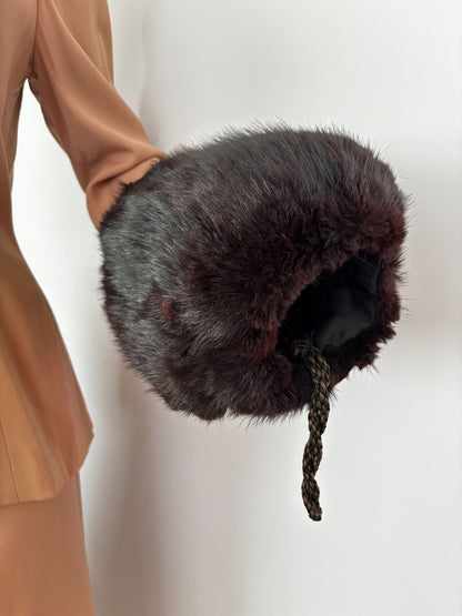 1940s/1950s Dark Brown Mink Fur Muff With Braided Strap