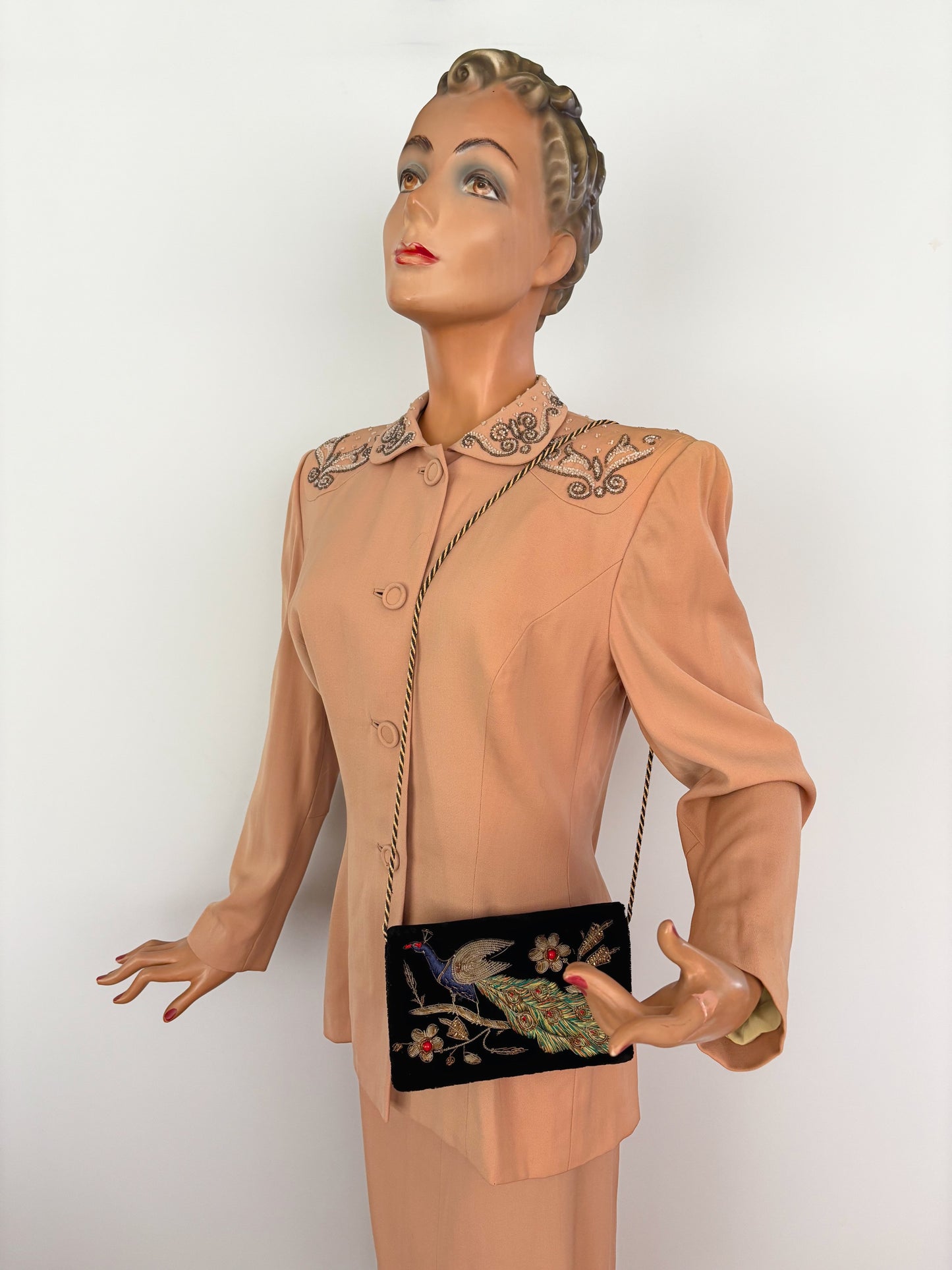 Vintage Black Velvet Evening Bag With Peacock Embroidery