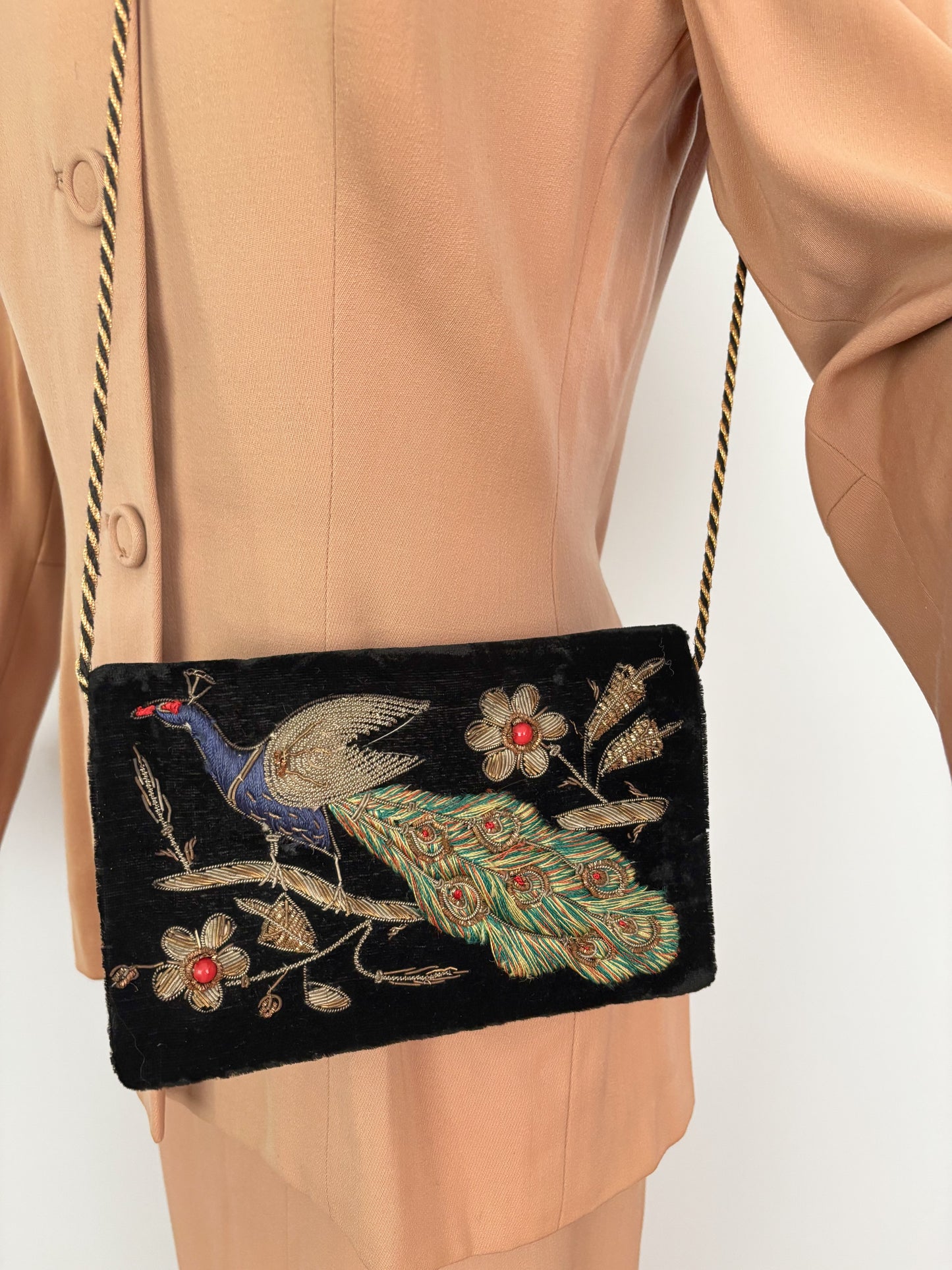 Vintage Black Velvet Evening Bag With Peacock Embroidery