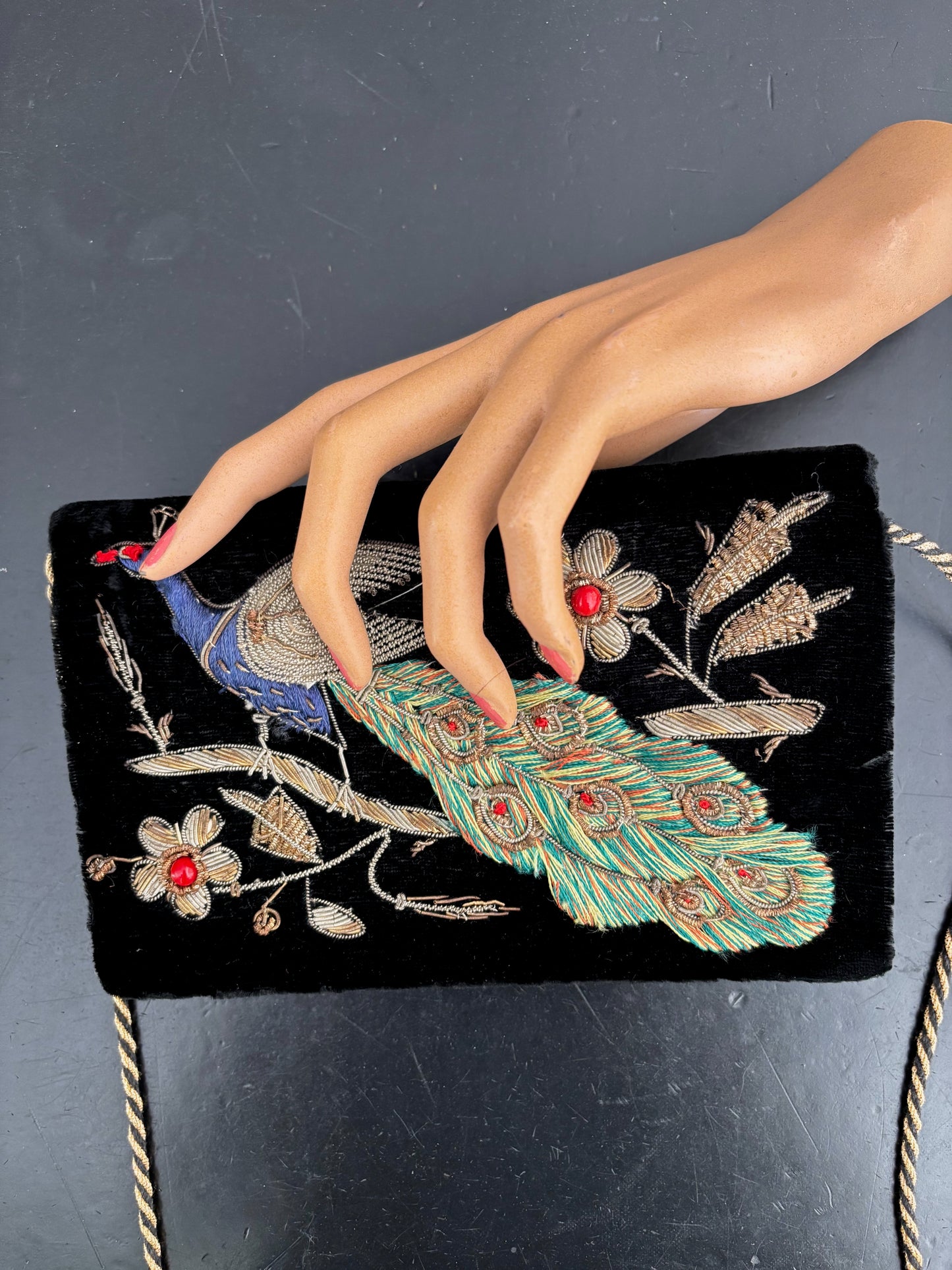 Vintage Black Velvet Evening Bag With Peacock Embroidery