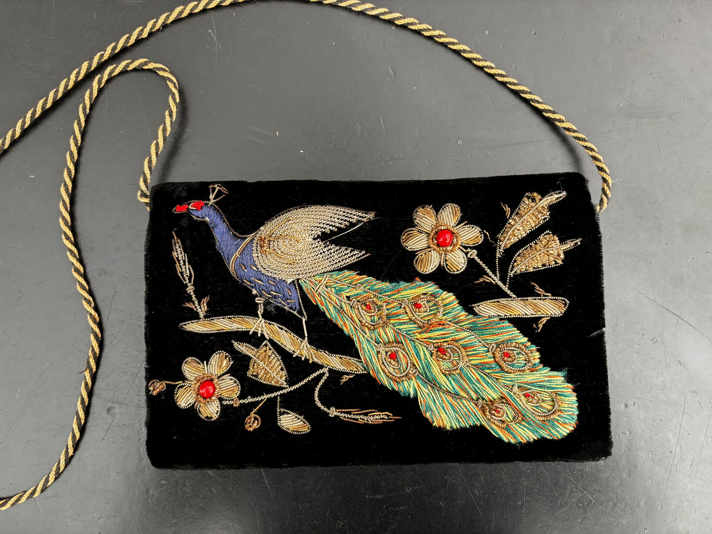 Vintage Black Velvet Evening Bag With Peacock Embroidery