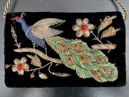 Vintage Black Velvet Evening Bag With Peacock Embroidery
