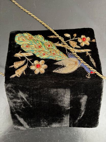 Vintage Black Velvet Evening Bag With Peacock Embroidery