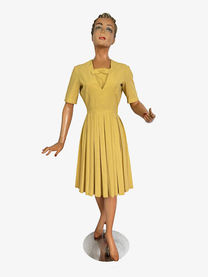 XS | 1950s Mustard Yellow Dress with Deep V Neckline
