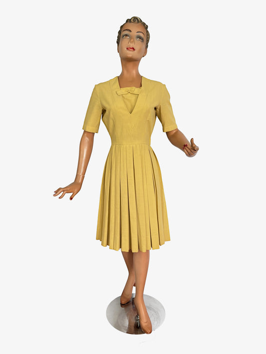 XS | 1950s Mustard Yellow Dress with Deep V Neckline