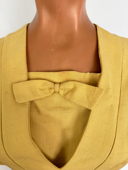 XS | 1950s Mustard Yellow Dress with Deep V Neckline