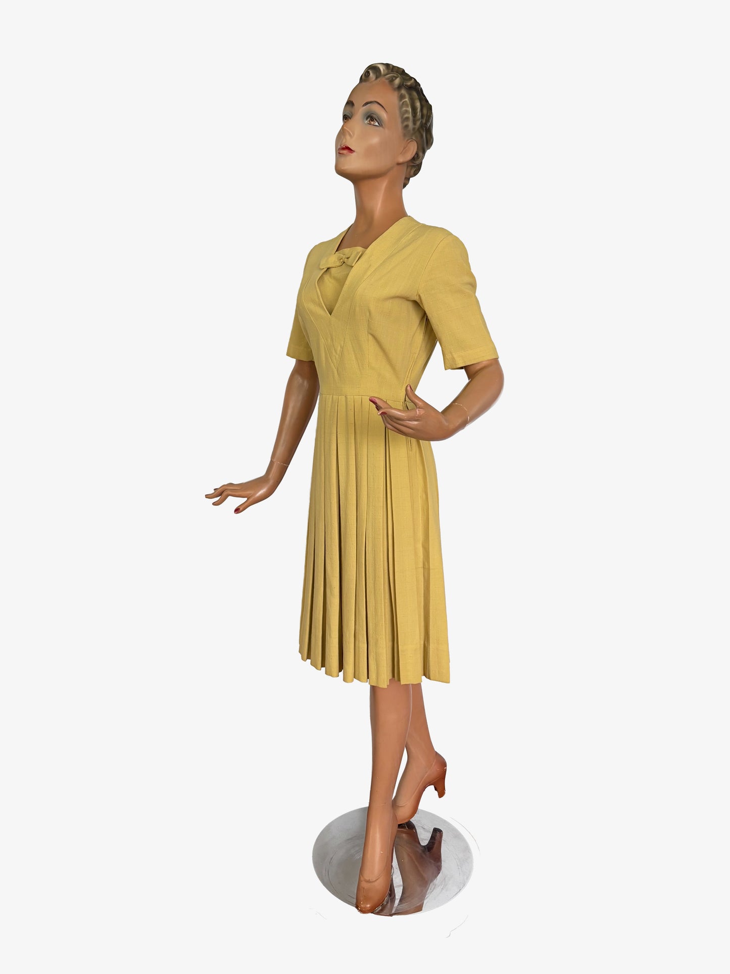 XS | 1950s Mustard Yellow Dress with Deep V Neckline