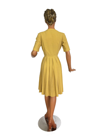XS | 1950s Mustard Yellow Dress with Deep V Neckline