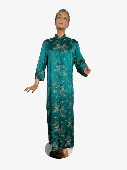 L/XL | 1950s Teal Green Satin Brocade Hostess Dress With Frog Closures