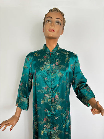 L/XL | 1950s Teal Green Satin Brocade Hostess Dress With Frog Closures