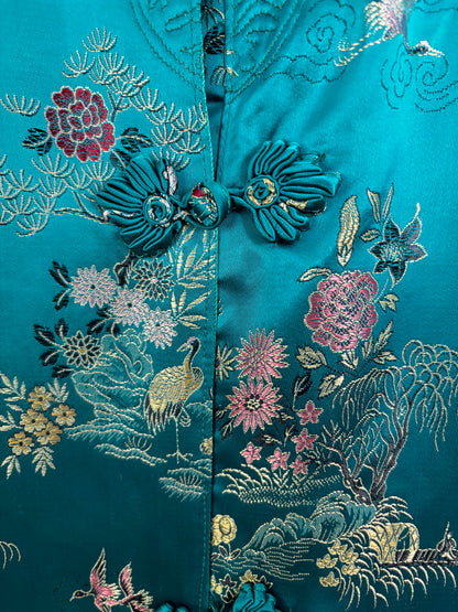 L/XL | 1950s Teal Green Satin Brocade Hostess Dress With Frog Closures