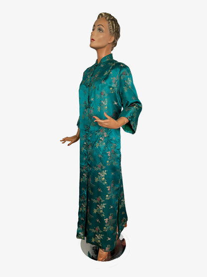L/XL | 1950s Teal Green Satin Brocade Hostess Dress With Frog Closures