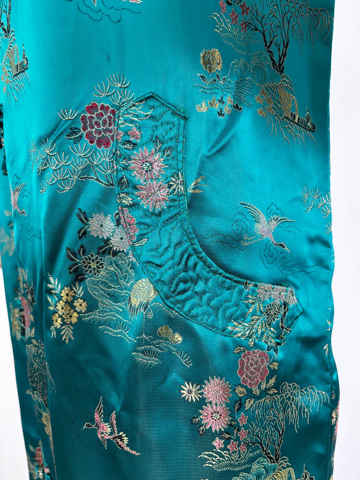 L/XL | 1950s Teal Green Satin Brocade Hostess Dress With Frog Closures