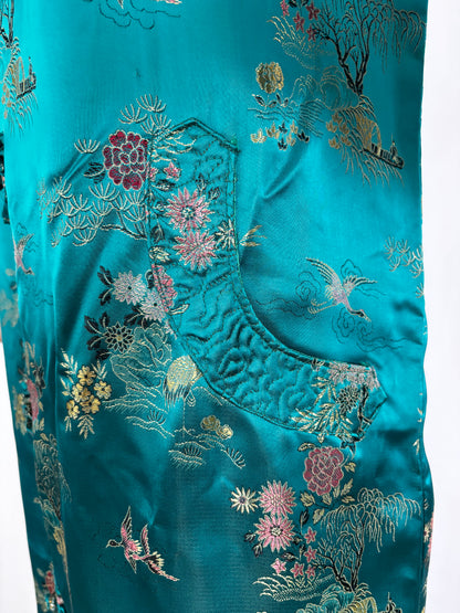 L/XL | 1950s Teal Green Satin Brocade Hostess Dress With Frog Closures