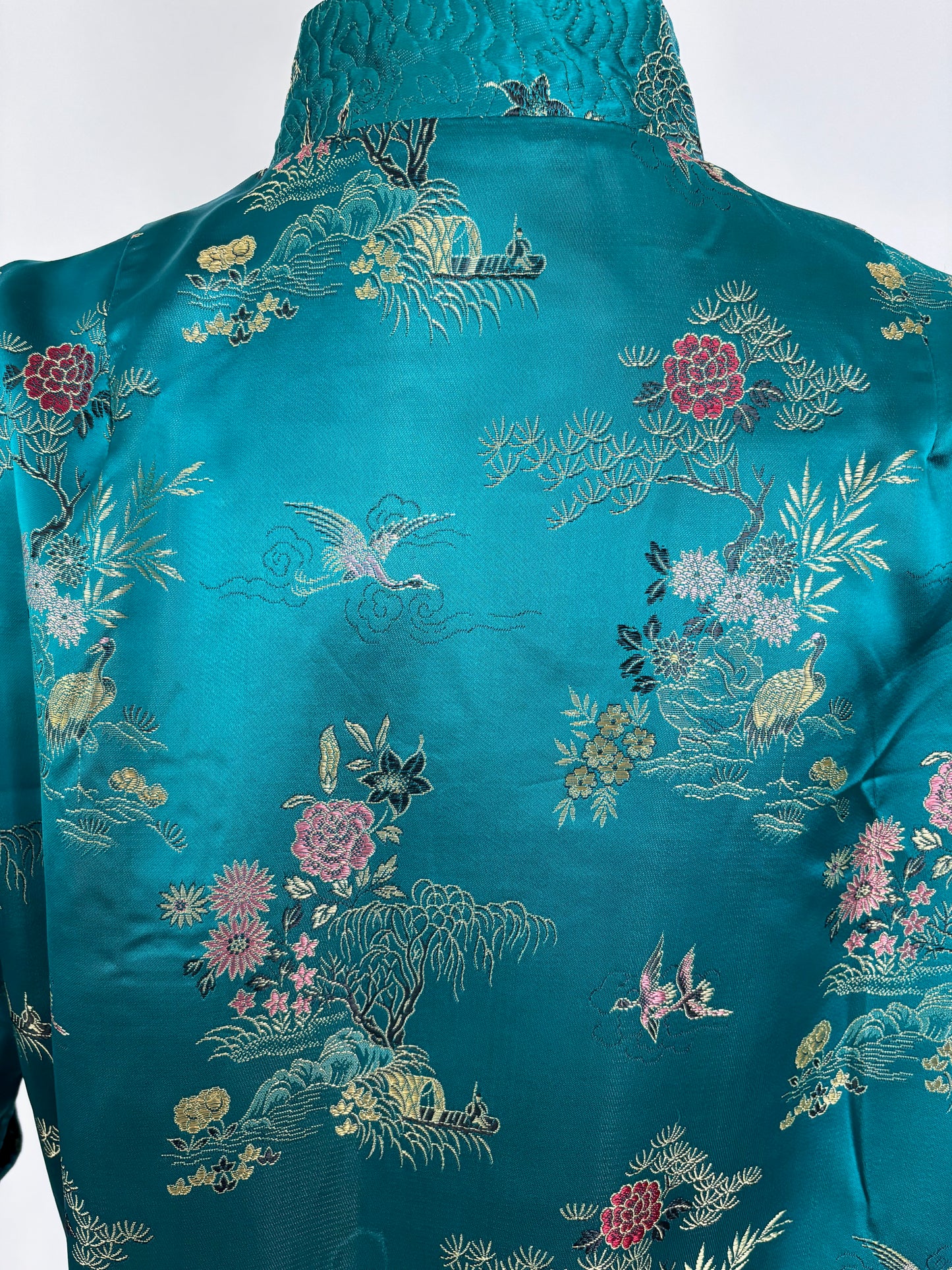 L/XL | 1950s Teal Green Satin Brocade Hostess Dress With Frog Closures