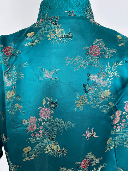 L/XL | 1950s Teal Green Satin Brocade Hostess Dress With Frog Closures
