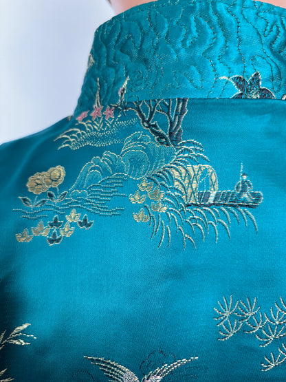 L/XL | 1950s Teal Green Satin Brocade Hostess Dress With Frog Closures