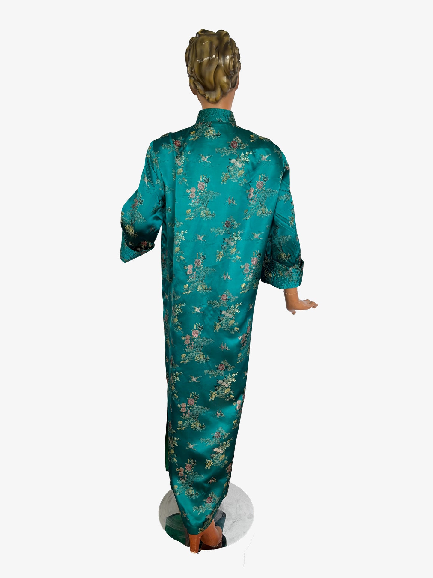 L/XL | 1950s Teal Green Satin Brocade Hostess Dress With Frog Closures