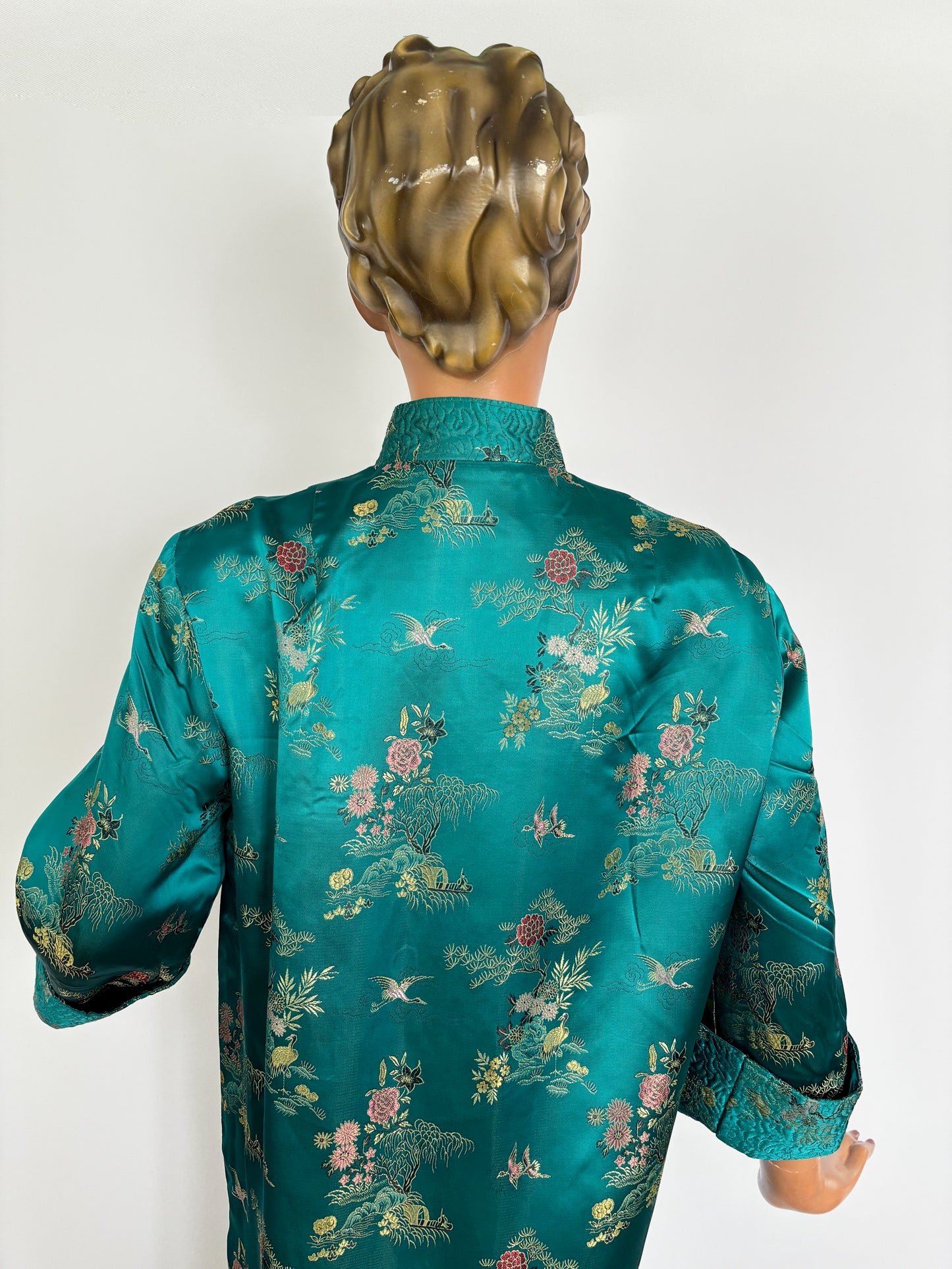 L/XL | 1950s Teal Green Satin Brocade Hostess Dress With Frog Closures