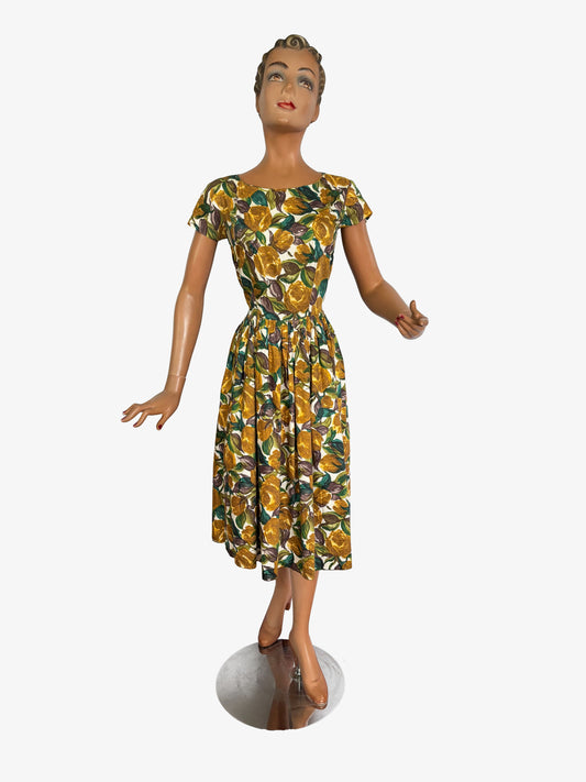 M | 1950s Cotton Dress With Brown Yellow Floral Print