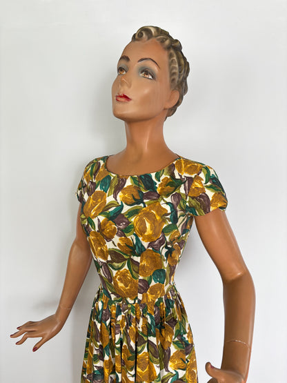M | 1950s Cotton Dress With Brown Yellow Floral Print