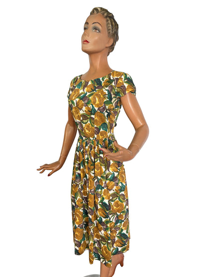 M | 1950s Cotton Dress With Brown Yellow Floral Print