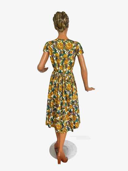 M | 1950s Cotton Dress With Brown Yellow Floral Print