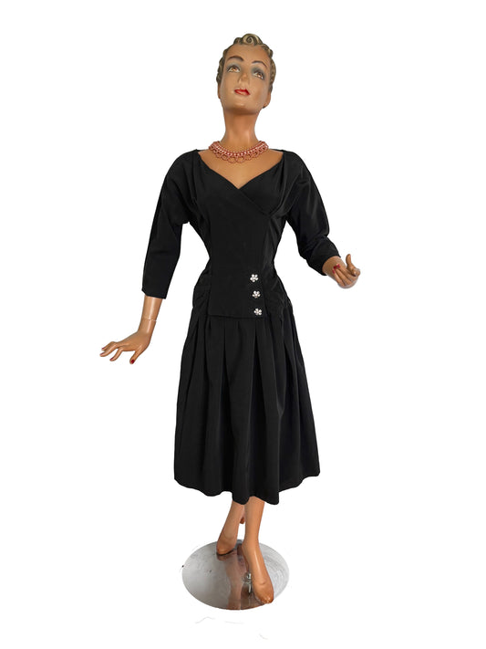 S | 1940s/1950s Black Taffeta Cocktail Dress