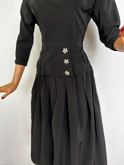 S | 1940s/1950s Black Taffeta Cocktail Dress