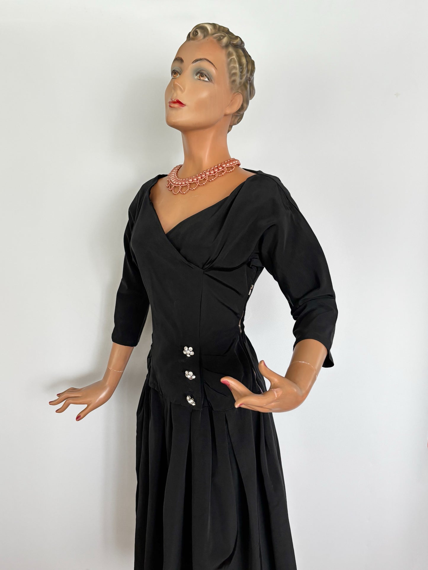 S | 1940s/1950s Black Taffeta Cocktail Dress