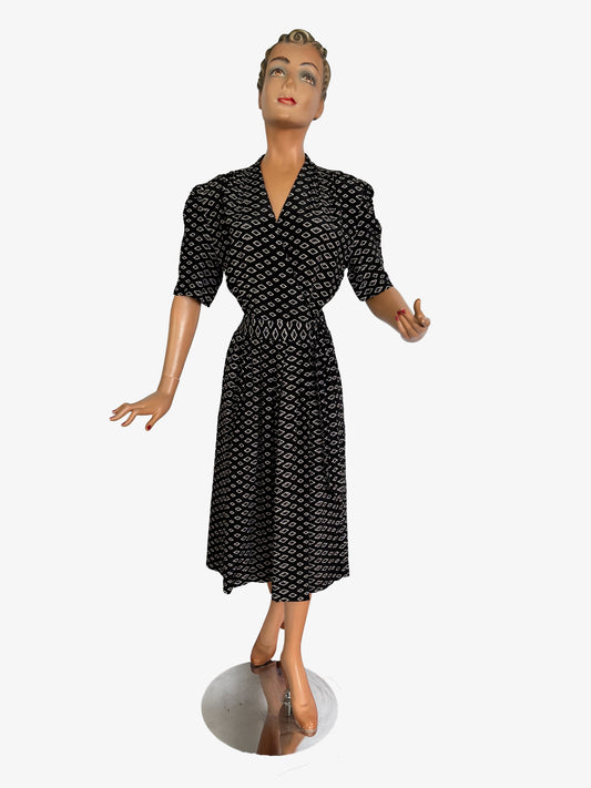 L | 1940s Style Black and White Wrap Dress With Diamond Print