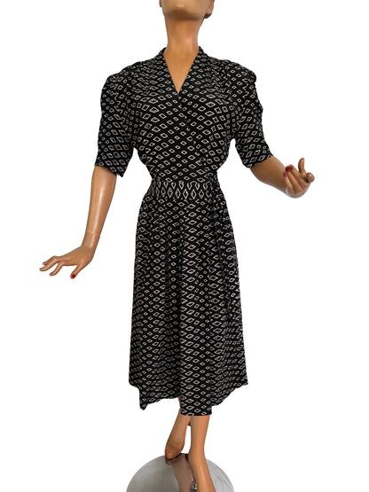 L | 1940s Style Black and White Wrap Dress With Diamond Print